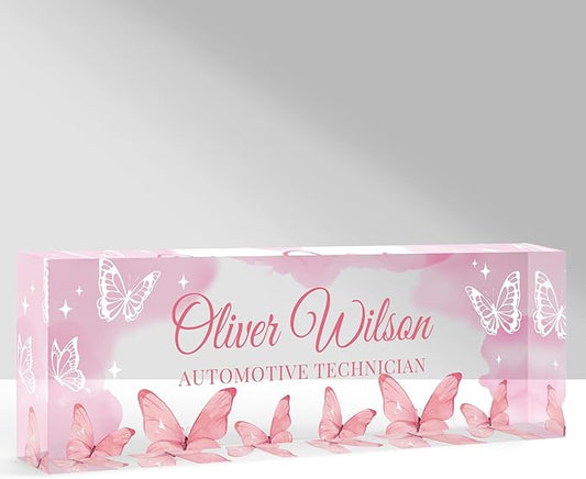 Custom Name Plate for Desk, Personalized Acrylic Office Name Sign with Name & Title, Elegant Desk Decor for Women Men, Employee Appreciation Gift (Pink Butterfly)
