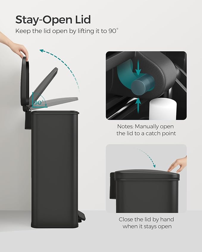 SONGMICS Kitchen Trash Can, 10.5 Gallon (40 L) Garbage Can, Large Step Trash Bin with Lid, Stainless Steel, Soft Close, 15 Trash Bags Included, Black ULTB540B40