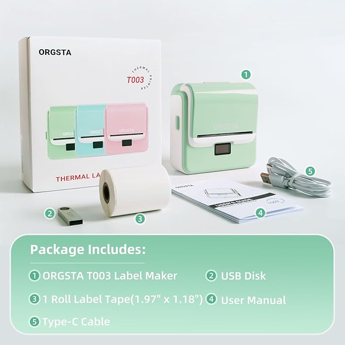 ORGSTA Label Maker Machine with Tape, T003 Thermal Label Maker, 2 Inch Bluetooth Label Printer Compatible with Phone & PC, Sticker Printer Barcode Thermal Maker for Small Business, Home, School