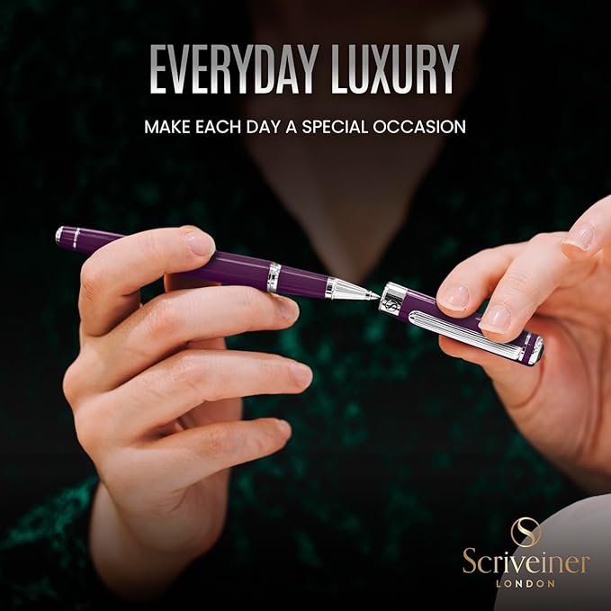 Scriveiner Aubergine Rollerball Pen - Stunning Luxury Pen With Chrome Finish, Schmidt Ink Refill, Best Roller Ball Gift Set for Men & Women, Professional, Executive Office, Nice Pens
