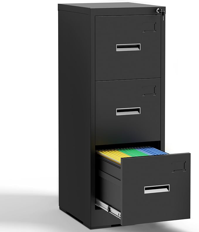 Black 3 Drawer File Cabinets with Lock, Heavy Duty Metal Storage Cabinets, Vertical Filing Cabinet for Home Office, Steel Cabinet for Letter Legal Size Files, Assembly Required