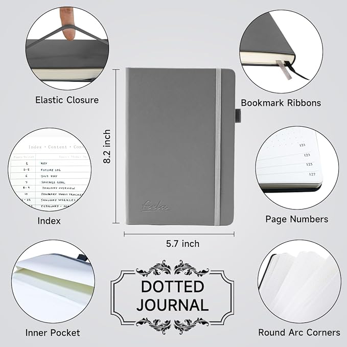 feela Dotted Journal Kit, Dot Grid Journal Hardcover Planner Notebook Set For Beginners Women Girls Note Taking with Journaling Supplies Stencils Stickers Pens Accessories, A5, 224 Pages, Gray