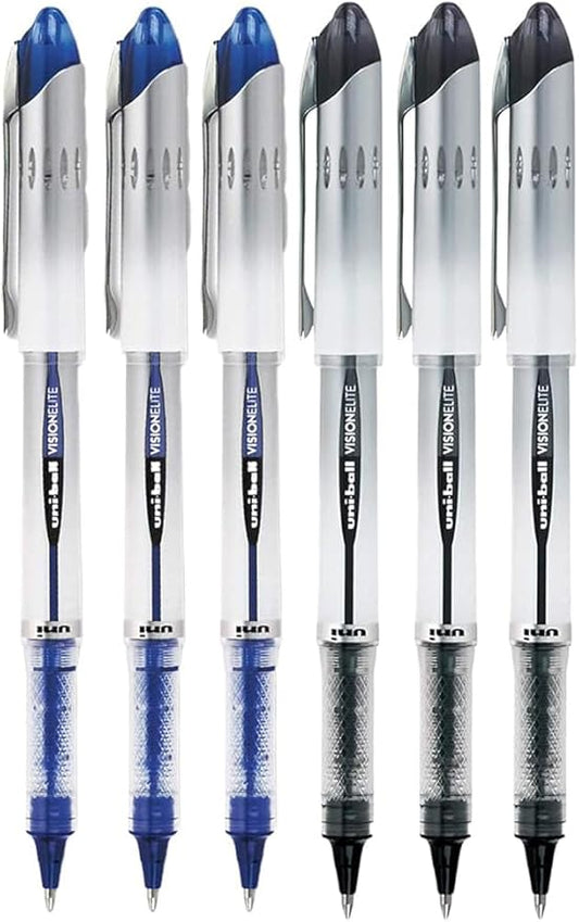 Vision Elite Rollerball Pens, Bold Point (0.8mm), Black/Blue Ink, 6 count, Bundle with Plastic Reusable Pouch