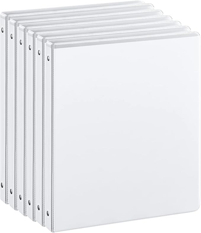 0.5-inch 3-Ring Binder with 2 Interior Pockets, 0.5'' Basic Binders Holds US Letter Size 8.5'' x 11''for Office/Home/Back to School, 6 Pack (White)