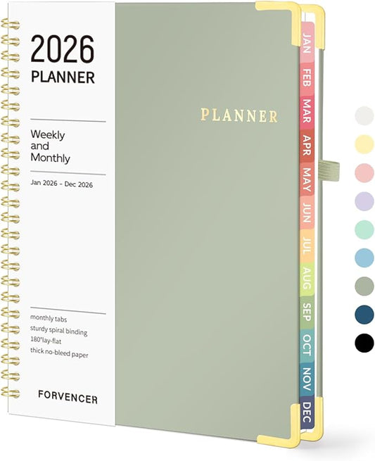 2026 Planner, Forvencer Calendar Planner Weekly and Monthly, January 2026-December 2026, 6" X 8", Hardcover Agenda Book with Tabs, Cute Daily Journal Planning with Inner Pocket, Home College Organizer Notebook for Office School Supplies, A5, Green
