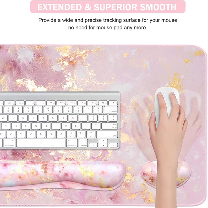 Large Mouse Pad and Keyboard Wrist Rest, Desk Pad for Keyboard and Mouse, 4-in-1 Large Gaming Mouse Pad with Wrist Support, Non-Slip Desk Mat for Home Office Study Game-Pink Gold Marble