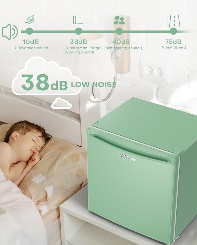 Upstreman 1.7 Cu.ft Mini Fridge with Freezer, Dorm Essentials, Adjustable Thermostat, Energy Saving, Low Noise, Single Door Compact Refrigerator for Dorm, Office, Bedroom, Mint Green-FR17