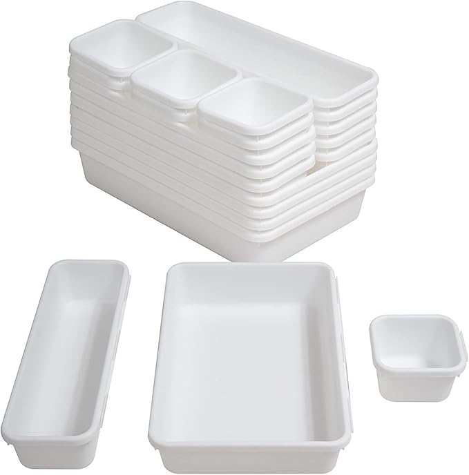 BYCY 18 Pcs White Drawer Organizers Trays Set Drawer Dividers for Kitchen Office Bathroom, Interlocking Bin Pack (18 Pieces)