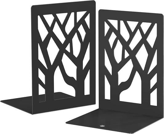 VFINE 2-Piece Modern Metal Bookends for Shelves, Black Tree Book Ends for Books, Decorative Book Organizer for Desk, Non-Skid Shelve Bookends for Home Office