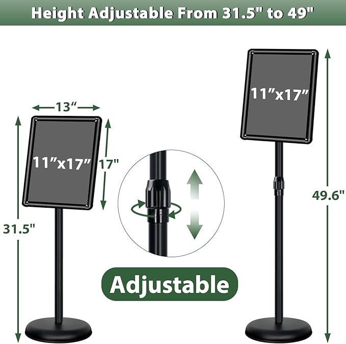 11x17 inches Poster Stand Holder Adjustable Pedestal Floor Standing Sign Holder Vertical and Horizontal View Sign Display, Aluminum Snap Open Frame with Safety Corner, Black