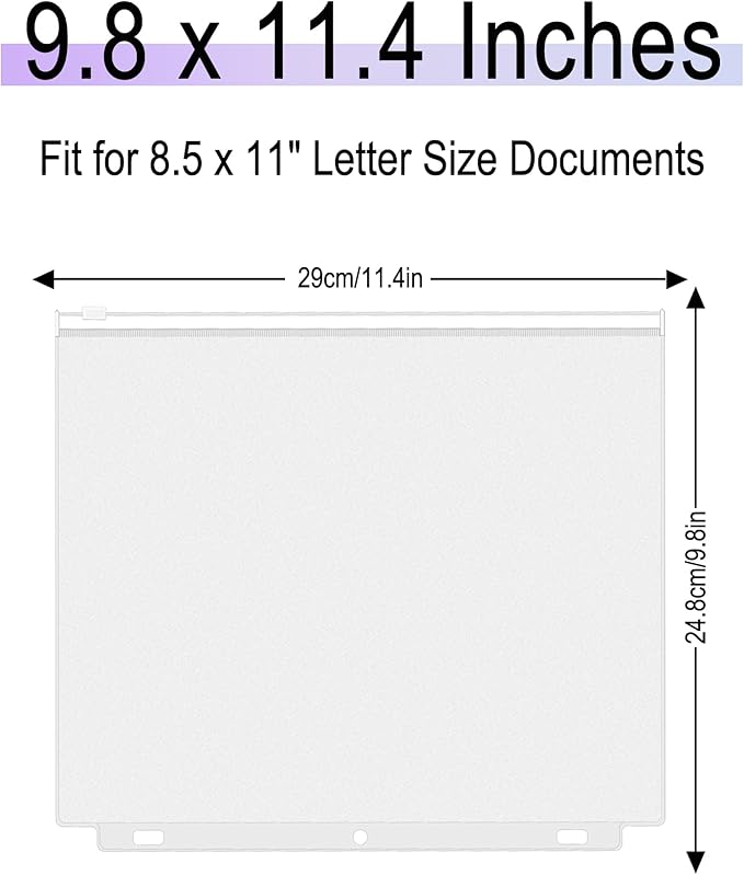 Antner 8 Pack Clear Letter Size Binder Pockets 3 Ring Binder Zipper Pouch Document Organizer, Waterproof PVC 3-Hole Loose Leaf File Bags Insert Sleeves Page Sheet Protectors Business Office Supplies