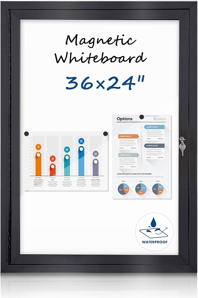 Outdoor Bulletin Board 36x24 in, Weatherproof Enclosed Bulletin Board with Locking Door, Magnetic Whiteboard, Black Aluminum