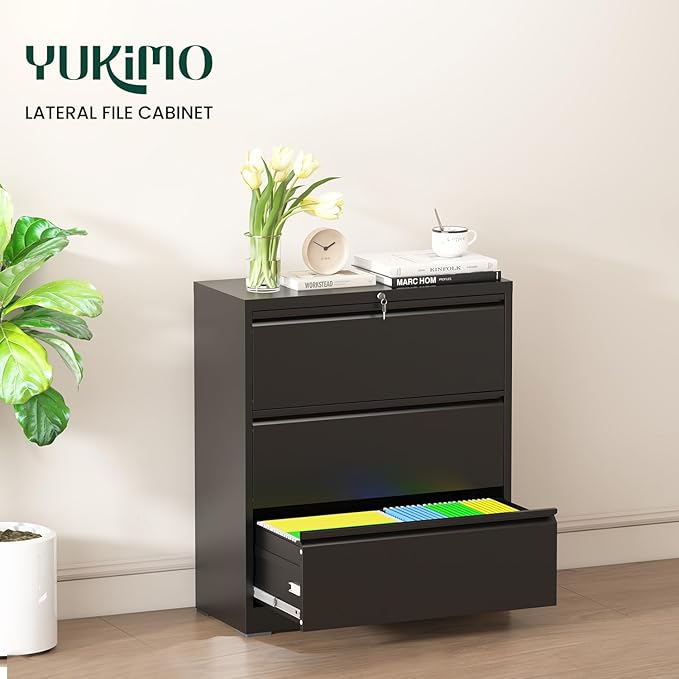 Lateral File Cabinet with Lock, 3 Drawer Metal File Cabinets for Home Office, Large Filing Storage Cabinet Printer Stand, Steel Wide File Cabinet for Legal/A4/F4/Letter Size Files, Black