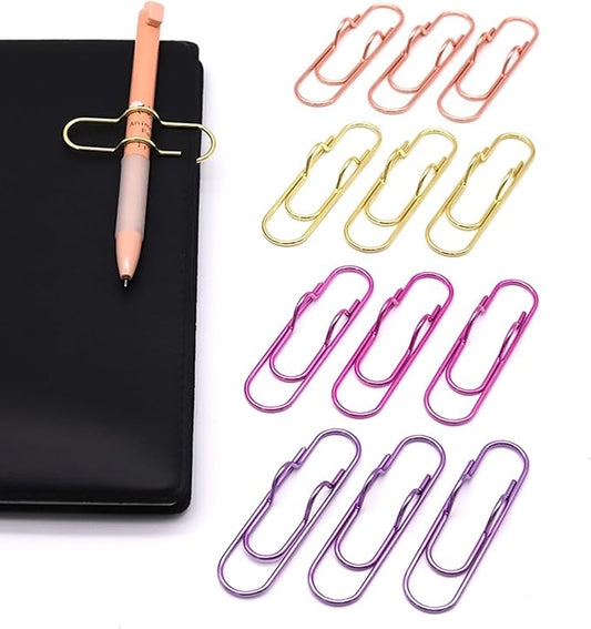 12-Pack Pen Holder Clips for Notebook, Journal, and Book, Ideal for Students, Professionals, and Teachers, Pen Loop Holder for Office and School Use (3 Gold, 3 Rose Gold, 3 Pink, 3 Purple)