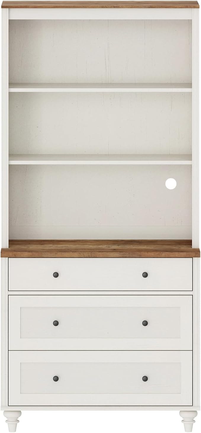 WAMPAT 72" Tall Bookcase Large Display Book Case Shelf with 3-Tier Open Book Shelfs, 3 Tier Farmhouse Bookshelf with 3 Drawers, Library Wood Bookshelves for Living Room or Study Room or Bedroom, White