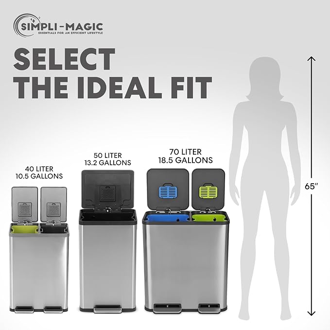 Simpli-Magic 18.5 Gallon (40L x 30L) Dual Compartment Step Trash Can – Kitchen Garbage Can with Waste & Recycling Bins – Slow-Close Lid, Odor Control, Hands-Free, Stainless Steel