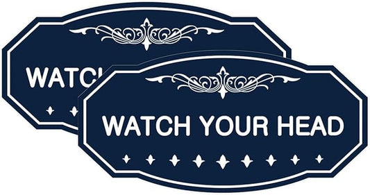 Signs ByLITA Victorian Watch Your Head Sign (Navy Blue/White) - Small 2 Pack