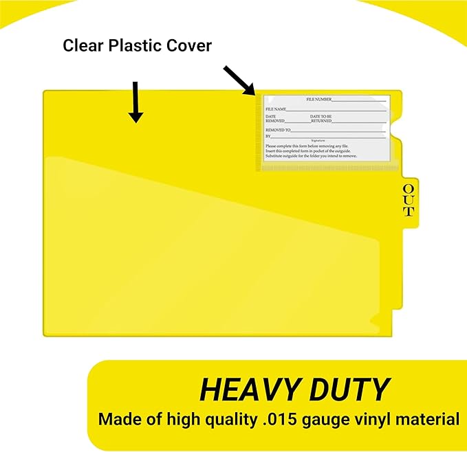 Doctor Stuff - Center Tab Vinyl Out Guides, Diagonal Cut Front Pocket, Top Charge Out Slip Pocket, Plastic File Folder, Letter Size 9" x 13-1/4", Yellow, 100/Box