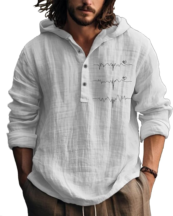 MARSVOVO Hooded Long Sleeve Shirt Men Fashion Graphic Button Up Lightweight Big and Tall Casual Vacation Shirts for Men