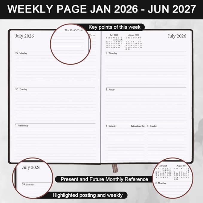Planner 2026-2027 - 18 Months (Jan 2026 - Jun 2027) Agenda Planner 5.8" x 8.5", 2026-2027 Weekly & Monthly Planners with Hard Cover, Black