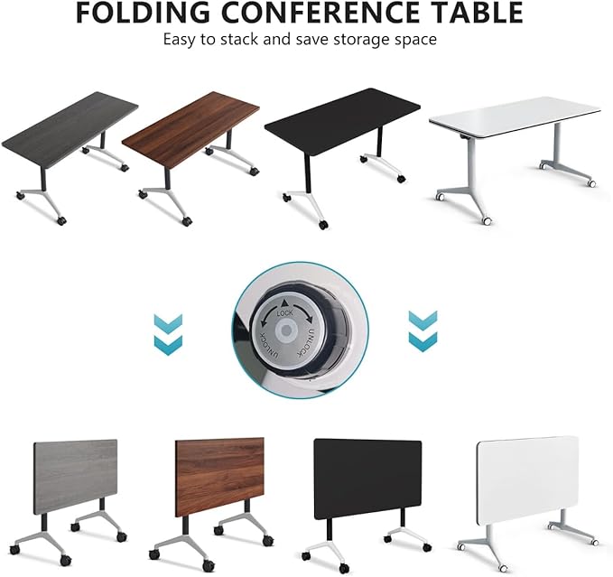 Conference Room Table, Folding Conference Tables,Thicken Grey Tabletop,Flip Top Wooden Seminar Meeting Room Table for Conference Room Offices (8, White, 55.1”)