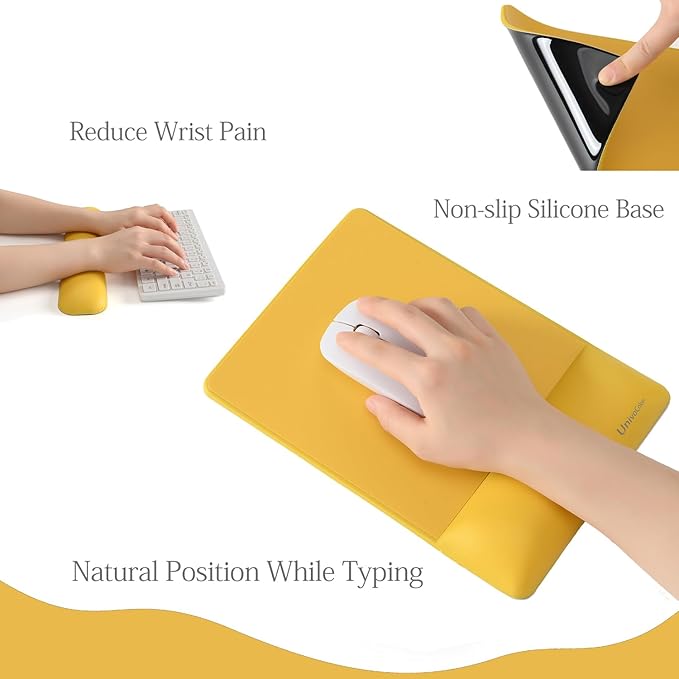 UnivoColors Design-Wave Set of Keyboad Wrist Rest & Mouce Pad,Artificial Sheepskin+Memory Foam+Ergonomic+Anti-Slip Gel, Resilience Support During Work and Gaming,Keyboard Accessory,Yellow