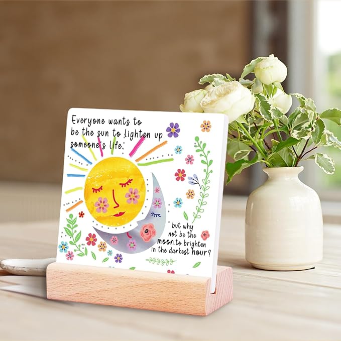 Inspirational Gifts for Teen Girls Women Birthday Christmas-Encouragement Gift Cheer Up Gifts for Friends-Motivational Sign Ceramic Plaque Desk Decor-Sun and Moon Sign
