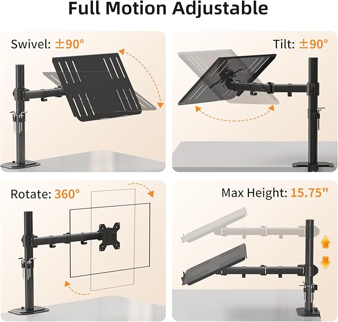 suptek Laptop Notebook Desk Mount Stand, Adjustable Single Monitor Laptop Arm Mount with Ventilated Tray,up to 17 inch,Holds up to 22 lbs