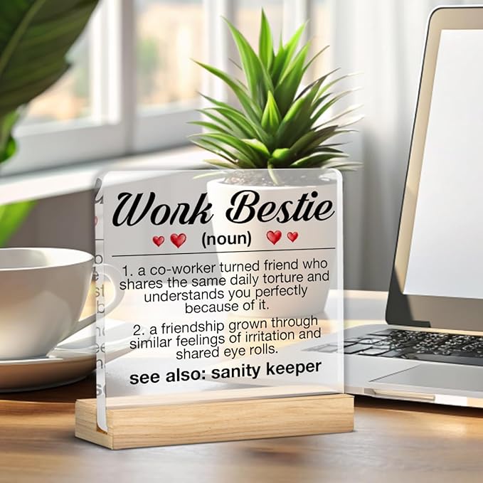 Work Besties Gifts for Women, Work Bestie Gifts for Retirement Leaving Going Away New Job, Work Bestie Definition Acrylic Desk Sign Decor
