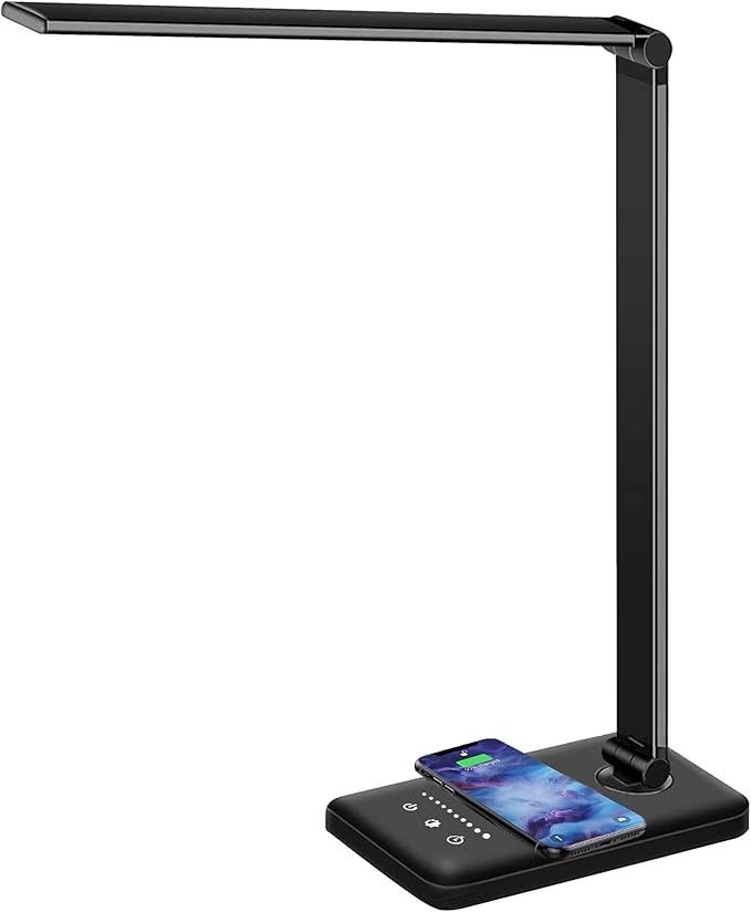 LED Desk Lamp with Wireless Charger, USB Charging Port, Dimmable Eye-Caring Desk Light with 5 Brightness Levels & 5 Lighting Modes, Touch Control, Auto Timer (Black)