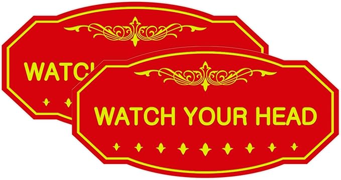 Signs ByLITA Victorian Watch Your Head Sign (Red/Yellow) - Large 2 Pack