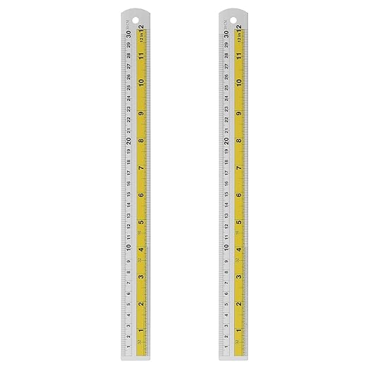 HARFINGTON 2pcs Metal Straight Ruler 30cm Metric SAE Aluminum Alloy Measuring Rulers Scale Tool with Hole for Measure Study Reading Classroom Office, Yellow