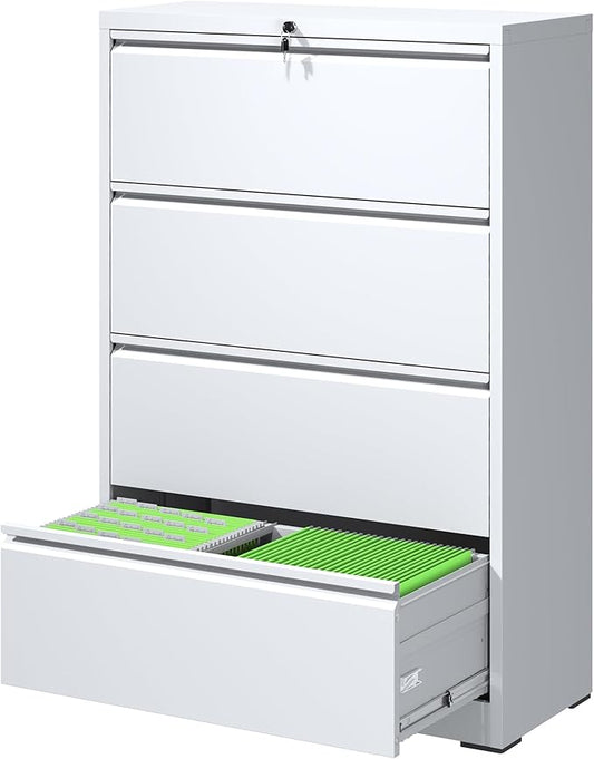 File Cabinets 4 Drawer,Metal Office Storage Filing Cabinet with Lock,White Lateral Filing Cabinet for Home Office,Horizontal Locking File Cabinets for Legal/Letter/A4,Assembly Require,White
