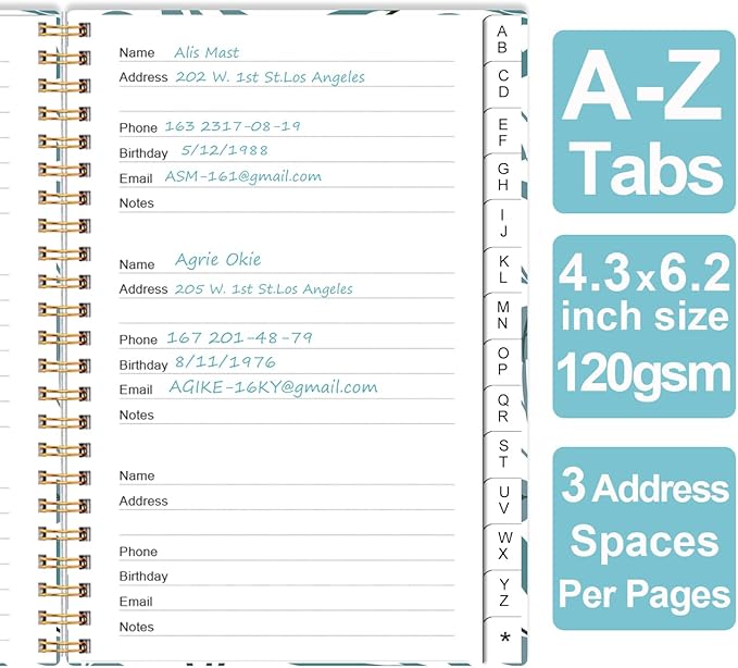 Address Book with Alphabetical Tabs - Small Address Book Spiral with Address Contacts, Special Date, Phone, Birthday & Internet Login Password for Home and Office, 4.3" x 6.2", Teal Leaf