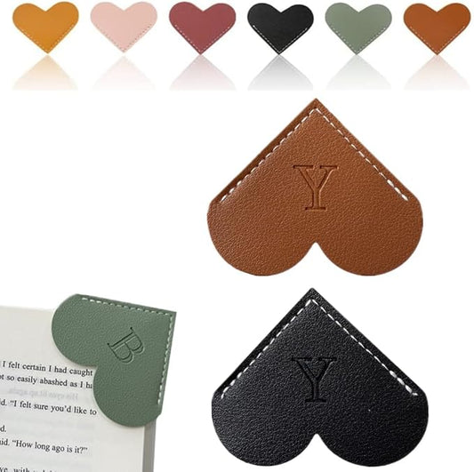Personalized Leather Heart Bookmark, 26 Letters Customized Corner Book Mark for Reading Women, Book Marker with Initials，Cute Gifts (Black+Dark Brown, Y)