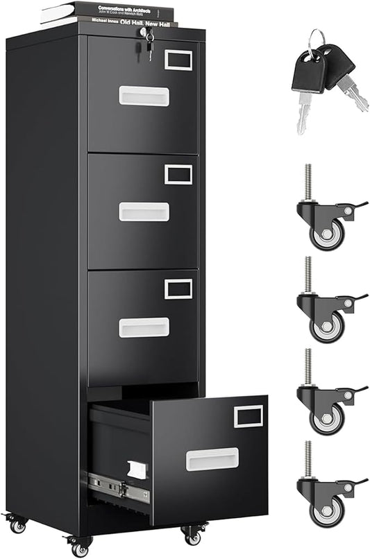 Aobabo 4 Drawer File Cabinet with Wheels, Lockable Metal Filing Cabinet with Name Card for Office and Home,Assembly Required,Black