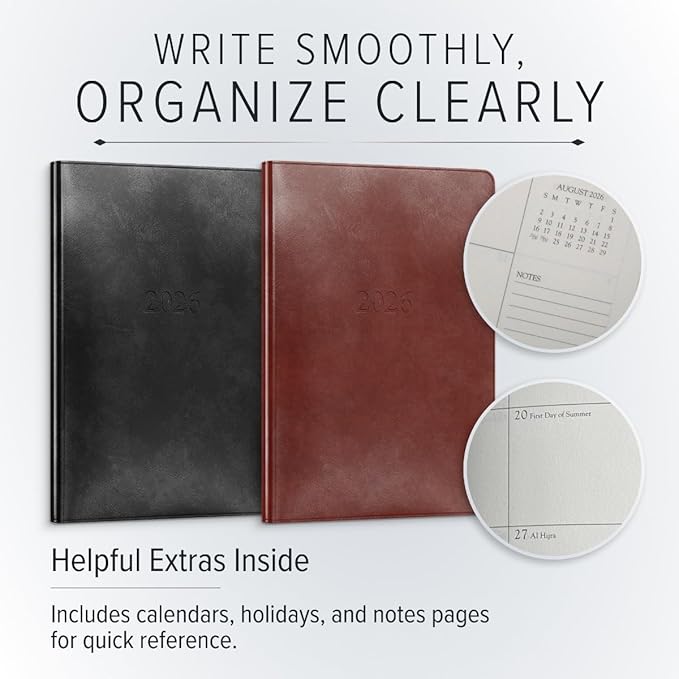 Gallery Leather Desk Weekly Monthly Planner 2025-2026, Elegantly Bound Calendar Planner and Notebook with Stylish Gold-Gilded Page Edges, 12 Months - Acadia Hydrangea - 8 x 5.5 "