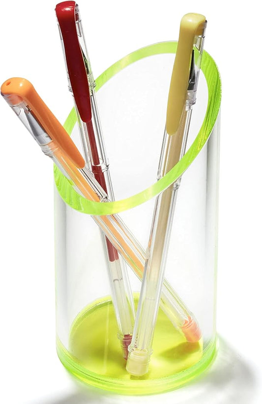 OfficeGoods Acrylic Pen & Pencil Holder - Modern Cylinder Design - Beautiful Desk Organizer for Home or Office - Contrasting Base & Rim - 5.25” H x 2.5” W - Neon Green