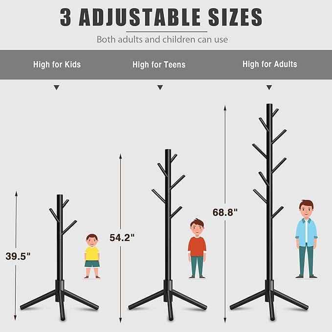 Wooden Coat Rack, Free Standing Coat Rack with 8 Hooks 3 Adjustable Heights for Clothes, Hats, Handbags, Coat Tree Easy Assembly for Entryway, Bedroom, Hallway, Office(2PCS)