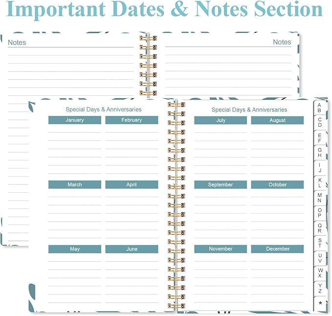 Address Book with Alphabetical Tabs - Small Address Book Spiral with Address Contacts, Special Date, Phone, Birthday & Internet Login Password for Home and Office, 4.3" x 6.2", Teal Leaf