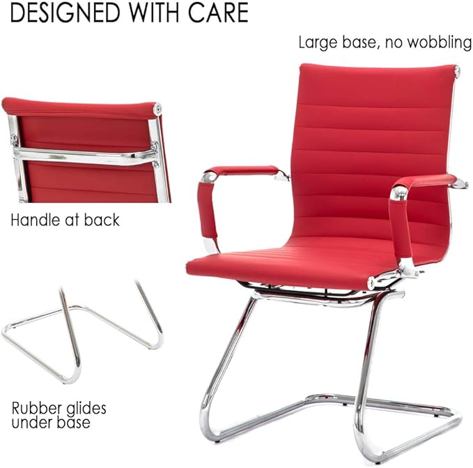 No Wheels Reception Chairs Waiting Room Chair Leather Conference Chairs Back Support Heavy Duty Office Chair with Arm, Set of 2 (Deep Red)