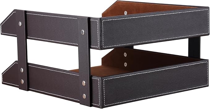 KINGFOM Letter Tray, Leather Paper Organizer Tray, Wooden Desk File Holder, Desktop File, Stackable Magazine Holder, Mail Sorter, Great for Home or Office - 2 Level Brown