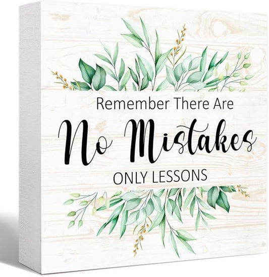 There Are No Mistakes Sign Wood Box,Funny Inspirational Quote Wooden Block Sign for Home Office Tabletop Shelf Decor 5" x 5",Motivational Desk Decor Accessories for Women