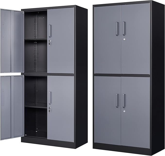 STANI Metal Storage Cabinet, Locking Steel Cabinet with 4 Doors and 2 Adjustable Shelves, 71'' Lockable File Tall for Home Office,Garage,School, Black&grey, (TSJ-BG)