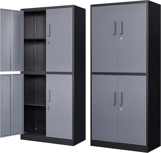 STANI Metal Storage Cabinet, Locking Steel Cabinet with 4 Doors and 2 Adjustable Shelves, 71'' Lockable File Tall for Home Office,Garage,School, Black&grey, (TSJ-BG)