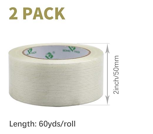 BOMEI PACK Filament Strapping Tape, 5.5 Mil 2 Inch x 60 Yards, Heavy Duty Reinforced Fiberglass Packing Tape, 2 Pack