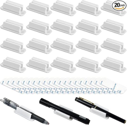 20 Pack Pen Holder Silicone,Adhesive Pen Holder for Desk,Marker Clip for Classroom Office Desk Accessories, Pencil Holder with 20 Double Sided Extra Sticky Tape (White)