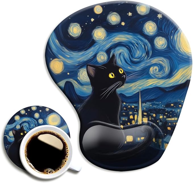 Ergonomic Mouse Pad with Wrist Support,Mouse Pad with Wrist Rest and Coaster Set,Office Supplies Non-Slip Mouse Pads for Desk, Non-Slip Comfortable,Cute Black Cat