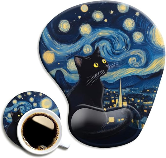 Ergonomic Mouse Pad with Wrist Support,Mouse Pad with Wrist Rest and Coaster Set,Office Supplies Non-Slip Mouse Pads for Desk, Non-Slip Comfortable,Cute Black Cat