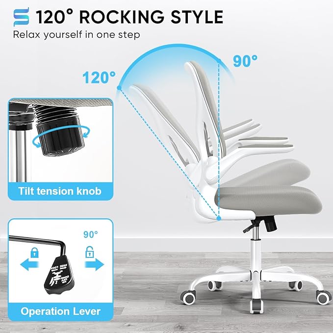 Sytas Ergonomic Desk Chair with Padded Flip up Arms and Supportive Lumbar Support, Breathable Mesh Home Office Chair with Comfortable Cushion for Home or Office(Gray)